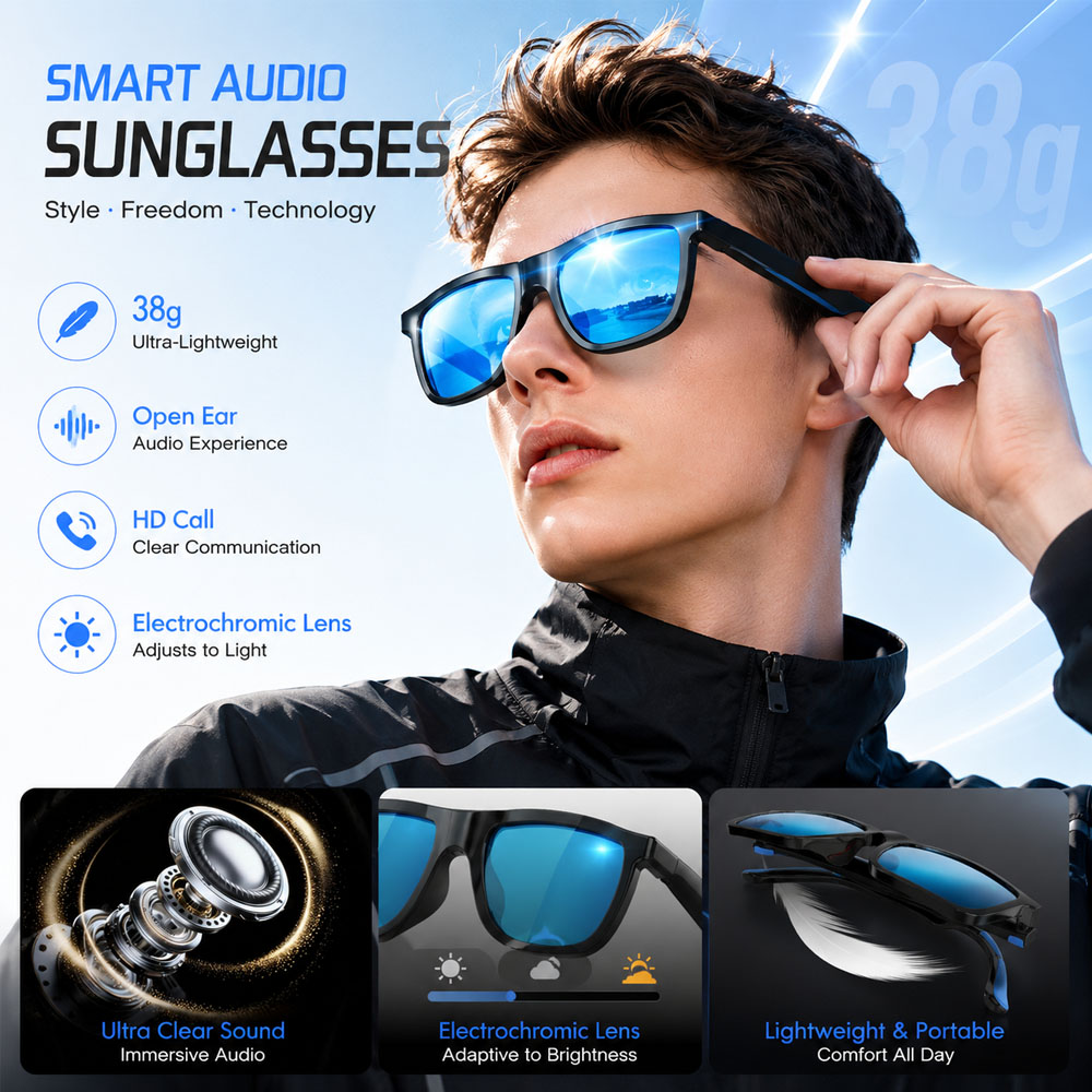Audio With Music Ai - Neue KI-Smart-Audio-Brille 38g HD-Anruf-Sonnenbrille mit Farbwechsel-Funktion,