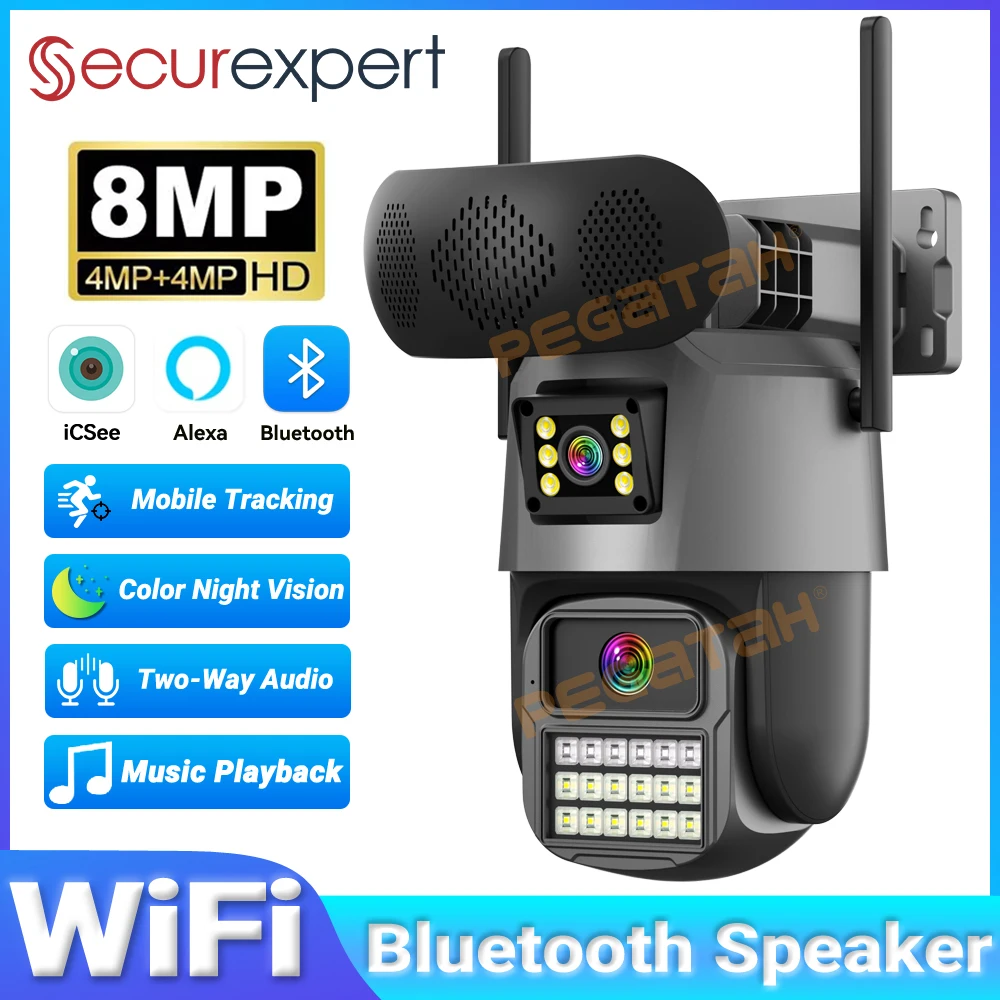 Audiovision Music Player - 8MP Outdoor-Überwachungskamera mit Musik-Player, Bluetooth-Lautsprecher, Dual-Objektiv,