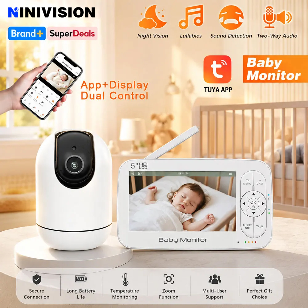 Audio Music Apps - Intelligenter WLAN-Babymonitor mit 5-Zoll-LCD-Bildschirm, 4-fachem PTZ-Zoom,