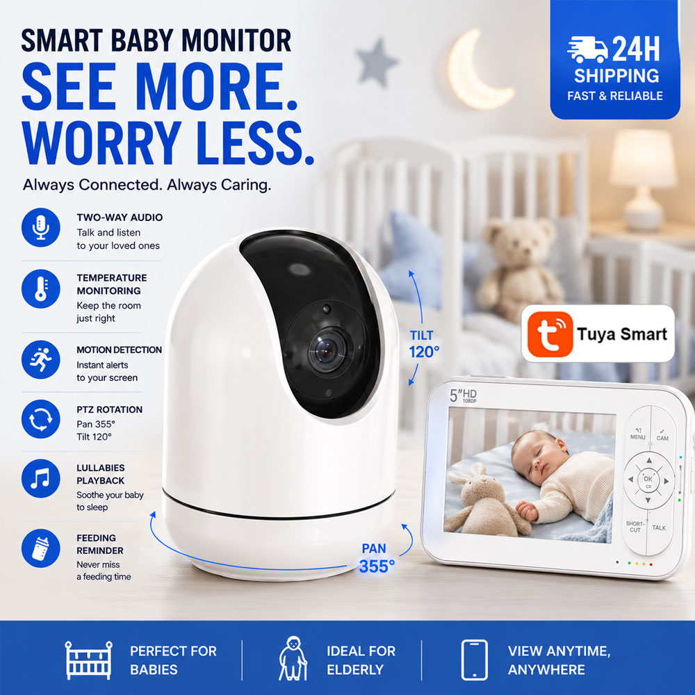 Audio Music Apps - 5-Zoll WLAN-Babyphone mit Tuya-App, Audio-Video-Steuerung, 720P
