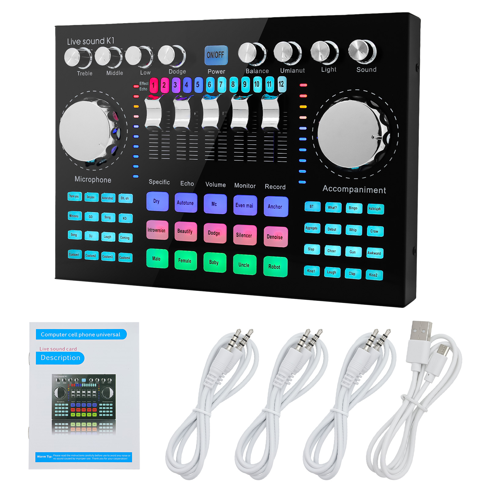 Audio Music Changer - K1 Audio-Mixer Live-Soundkarte Mobiltelefon-Stimmverzerrer Karaoke für