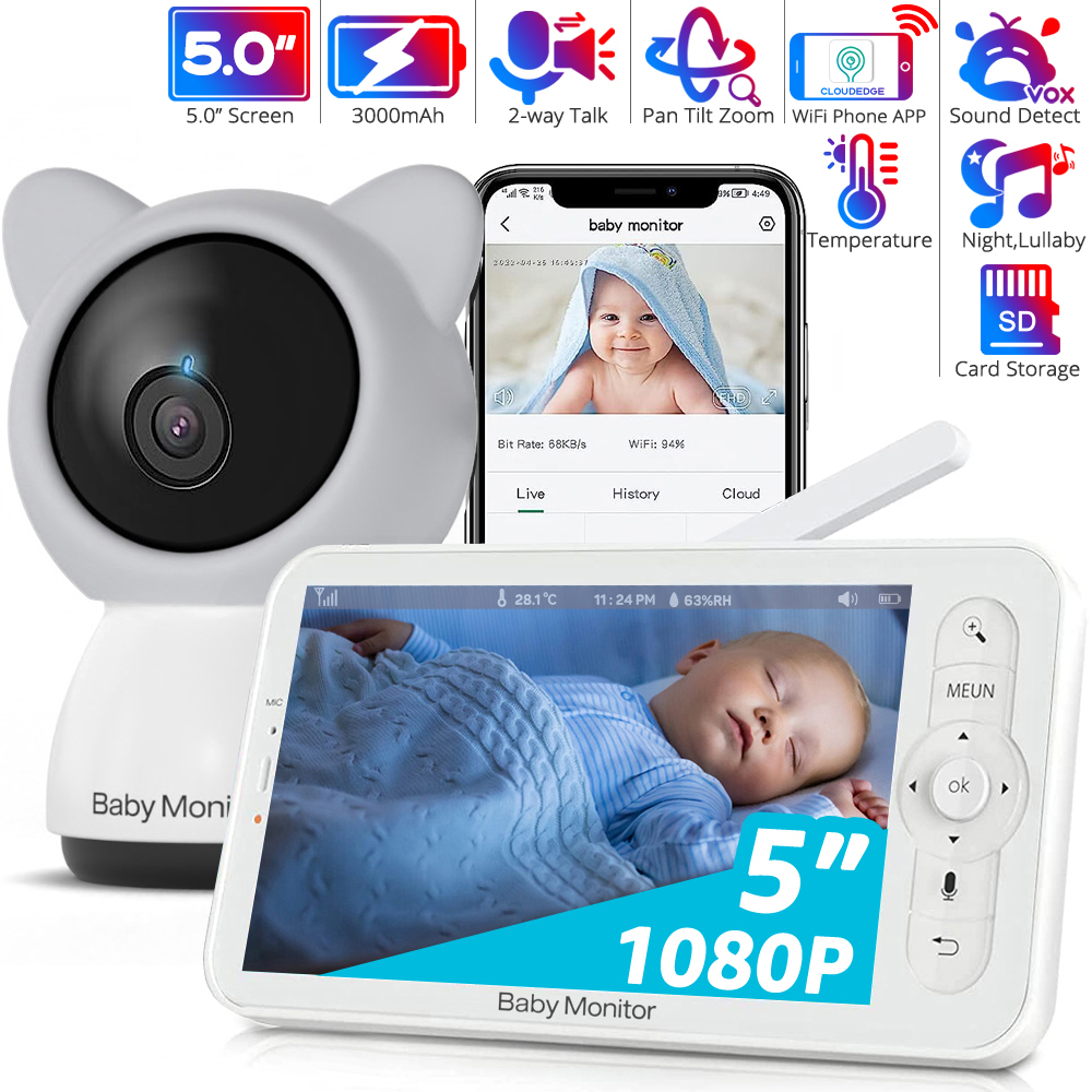 Audio Music Apps - WiFi-Babyphone mit APP, 5-Zoll-720P-Display, 1080p-Kamera, HD-Nachtsicht,